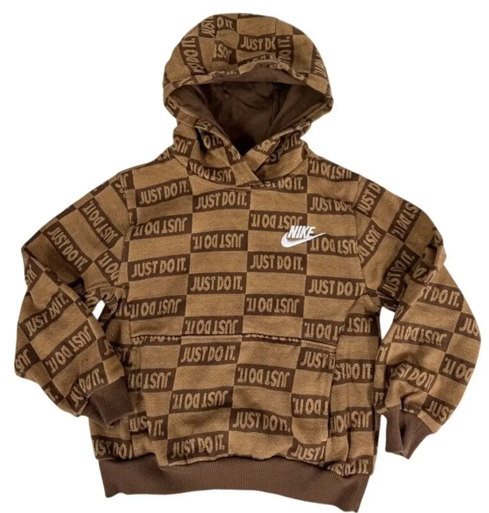 Nike Kids Just Do It Allover Brown Jacquard Hoodie Size 6-7
